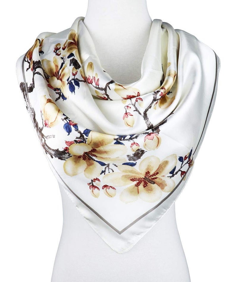 vabovin 35" Silk Like Headscarf for women fashion Pattern Large Square Satin Hair Scarf (White Flowers) - Image 2